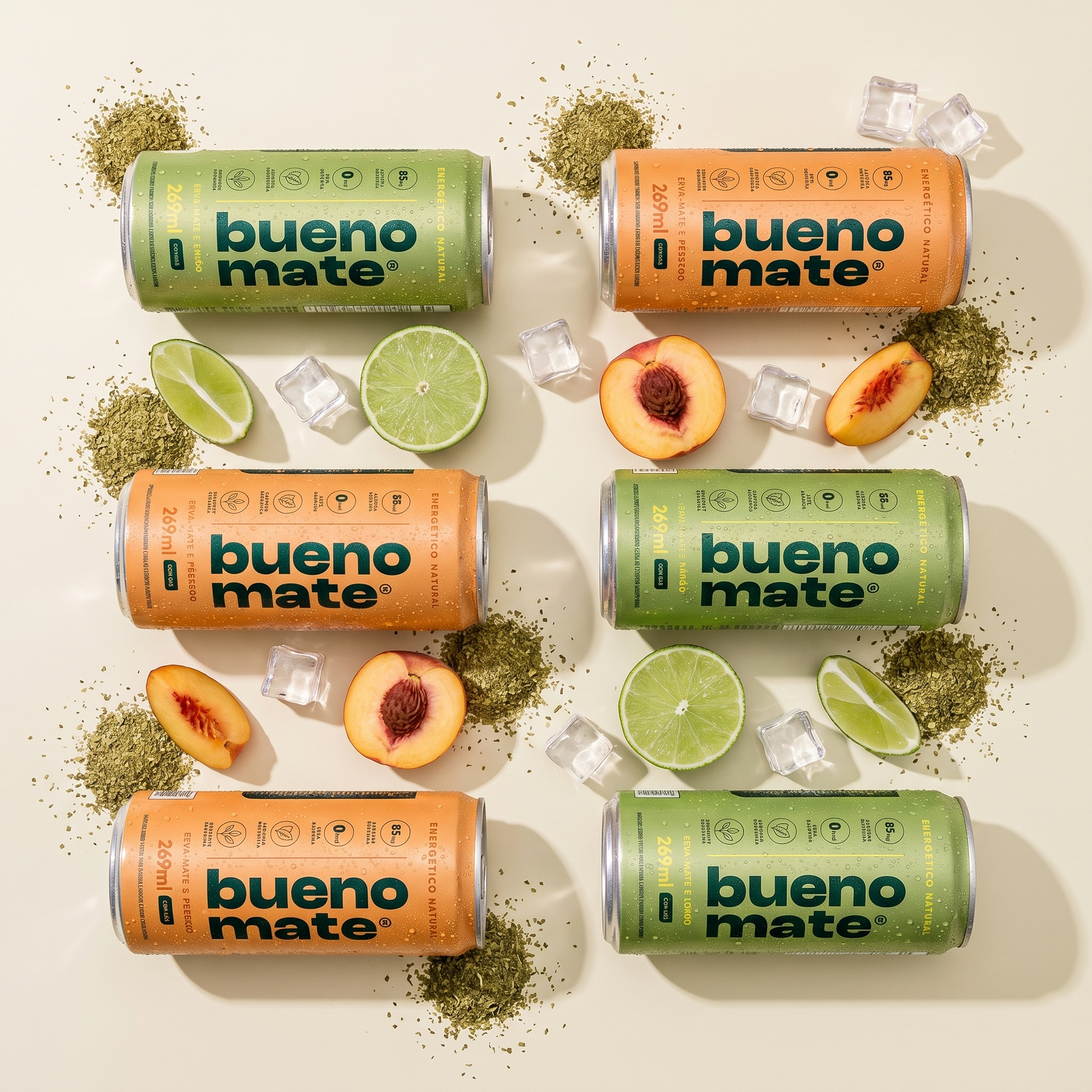 Seis latas Bueno Mate do Pack Misto vistas de cima com limão, pêssego e erva-mate